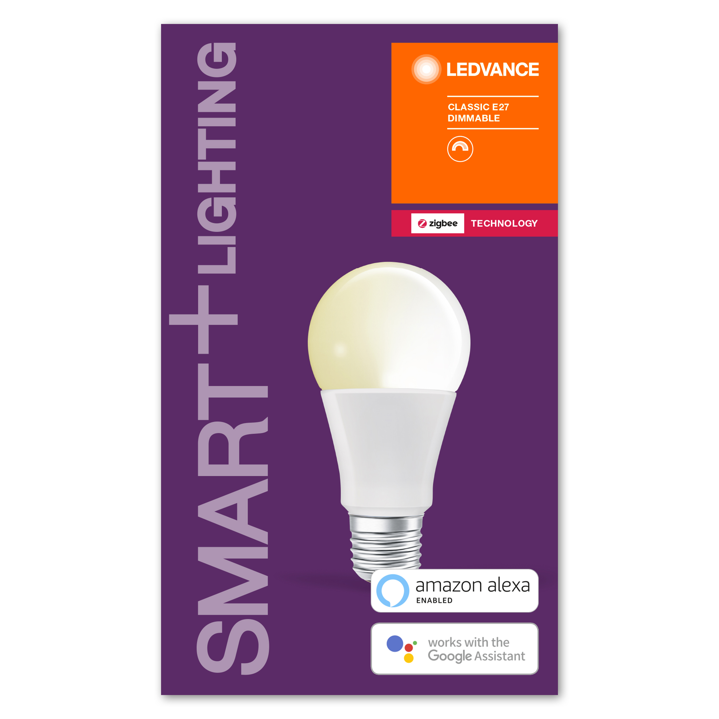 Glühbirnenverpackung mit Smart Lighting, Amazon Alexa und Google Assistant Logos.