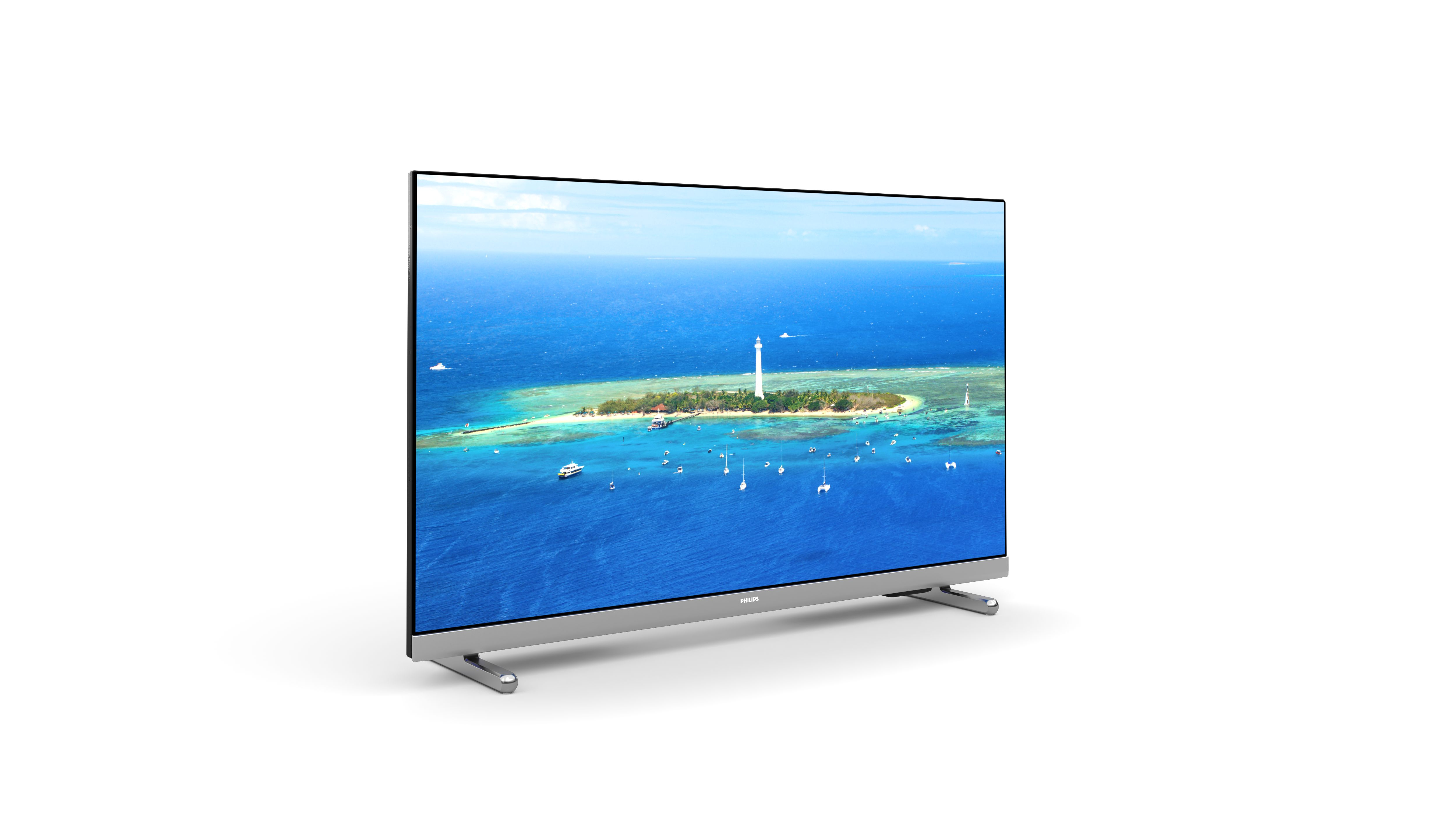 Fernseher auf einem Ständer, der eine tropische Insel zeigt, isoliert auf Weiß.