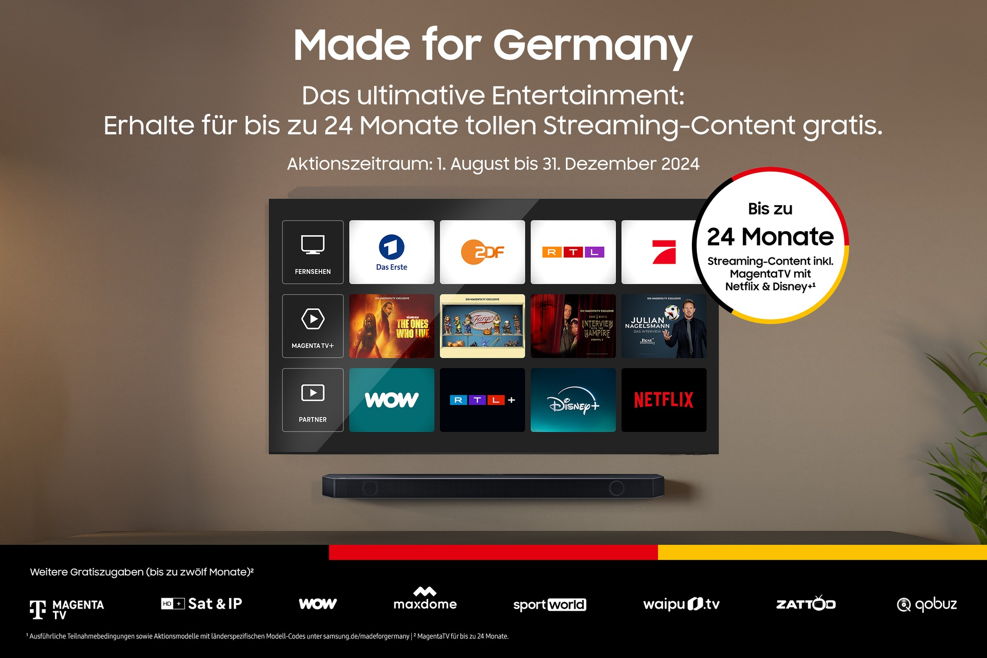 Ekran telewizora z aplikacjami do strumieniowania i banerem oferującym darmowe treści do strumieniowania przez okres do 24 miesięcy.