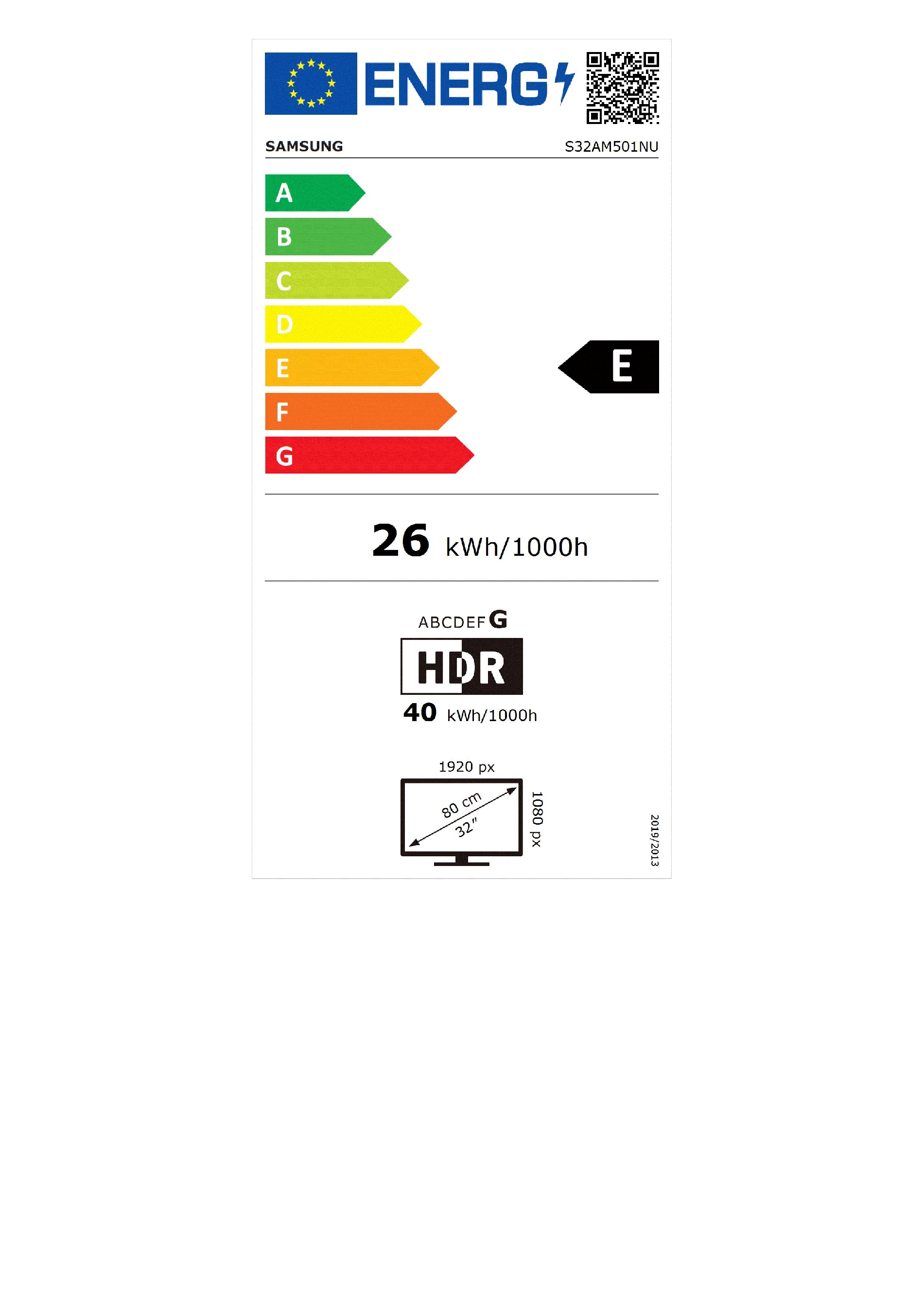 Etichetta energetica TV. Mostra classe E, 26 kWh per 1000h, e HDR a 40 kWh/1000h.