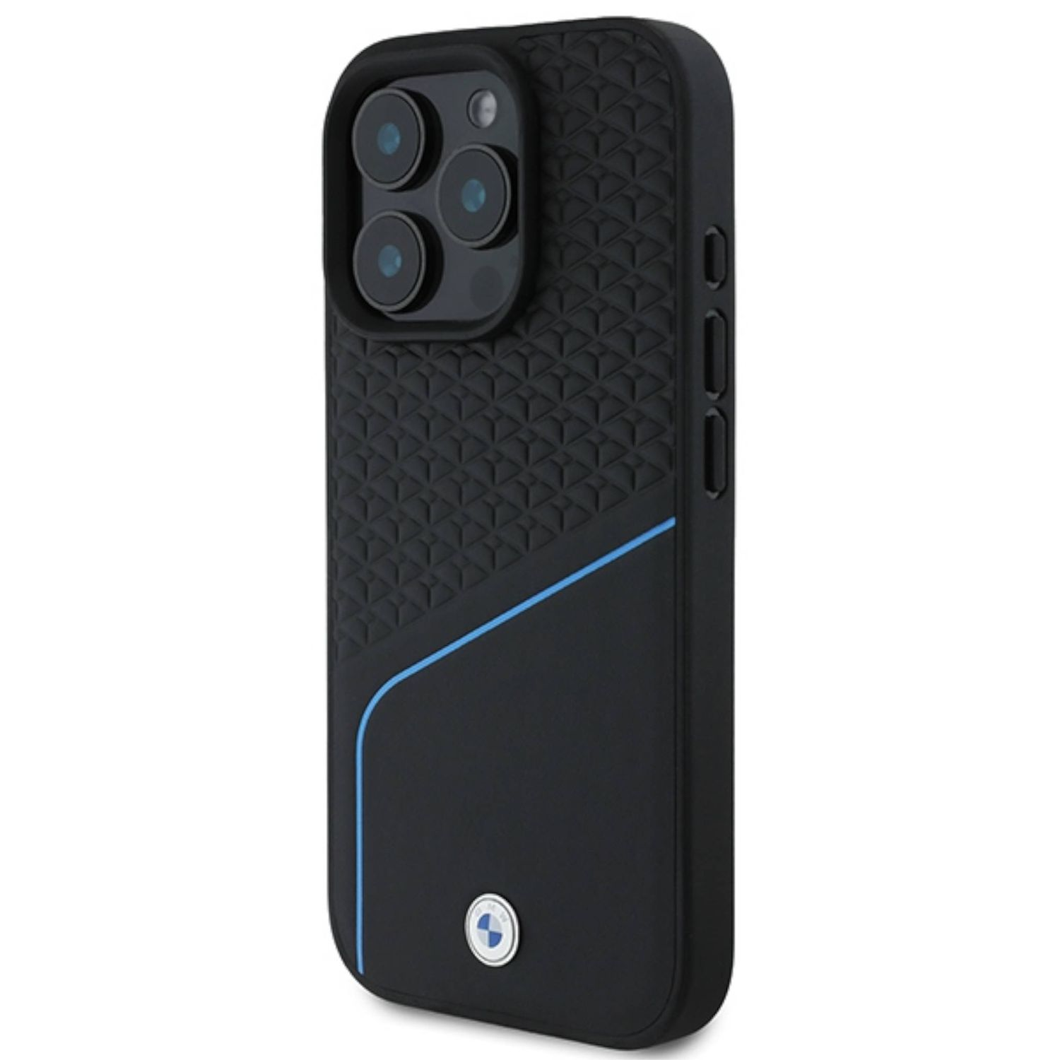 Custodia nera per telefono con striscia blu e logo BMW.