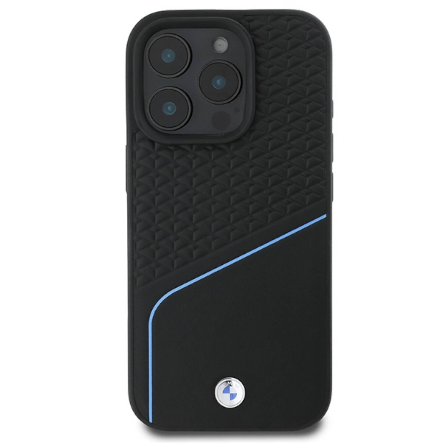 Custodia nera per telefono con parte superiore testurizzata, linea blu e logo BMW.