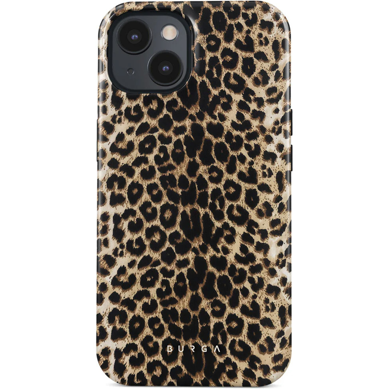 Een telefoonhoesje met een luipaardprint ontwerp, met een zwarte cameramodule.