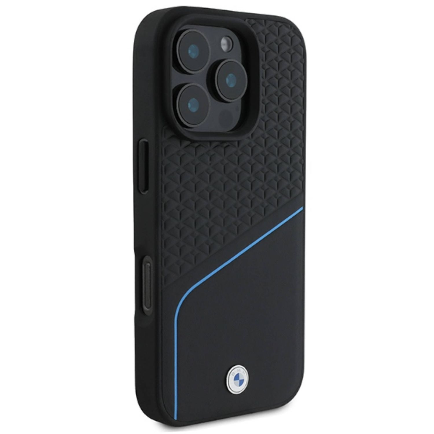 Custodia per telefono nera, con una striscia blu e il logo BMW.