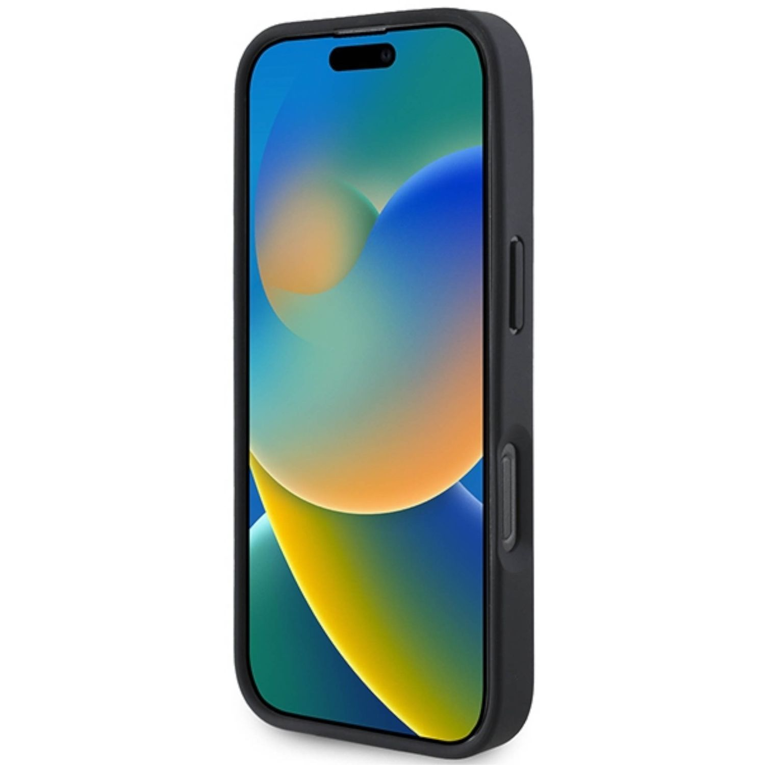 Un iPhone nero in una custodia nera, con uno sfondo colorato sullo schermo.