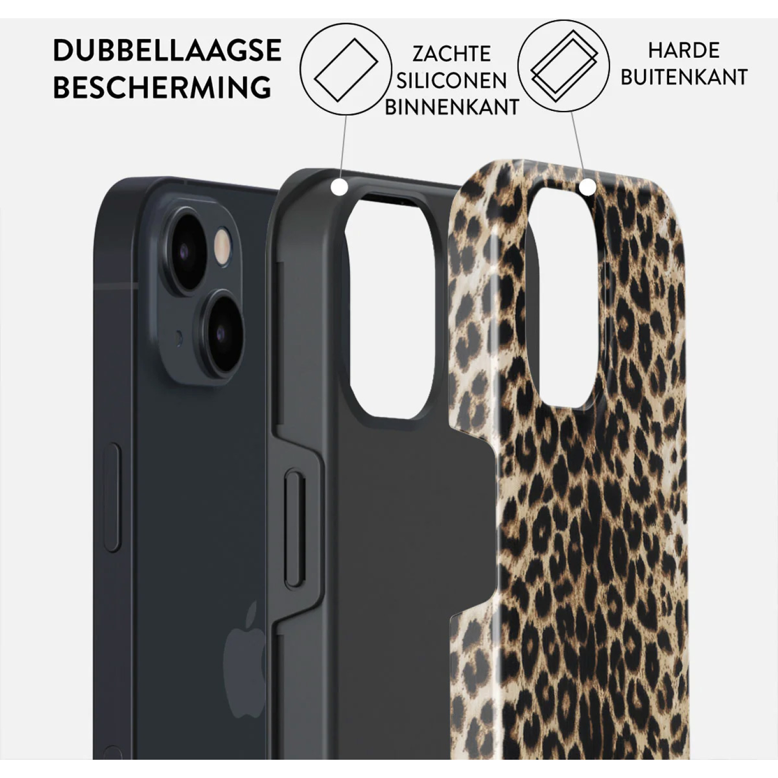 Een zwarte iPhone in een gelaagde hoes, met een beschermend ontwerp.