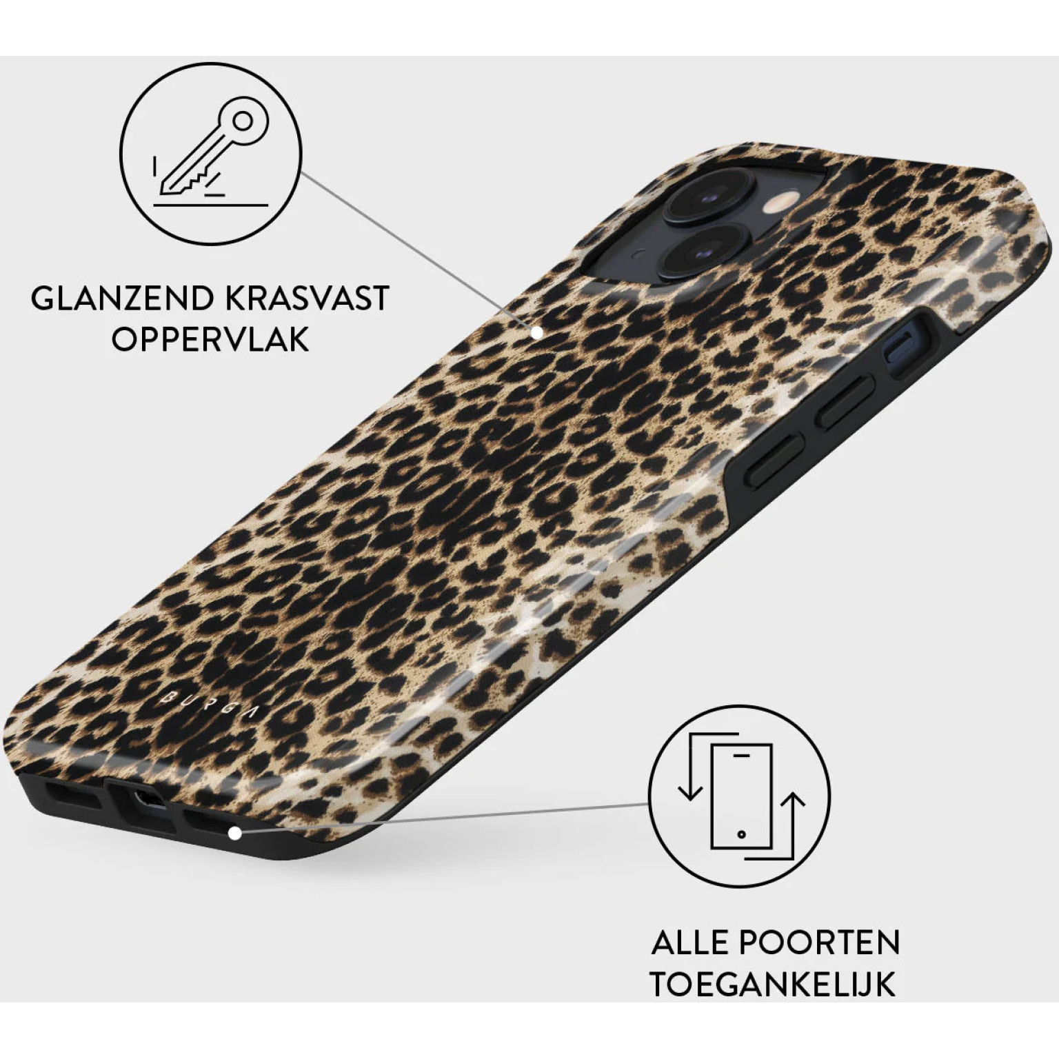 Telefoonhoesje met een glanzend, krasbestendig oppervlak met luipaardprint.
