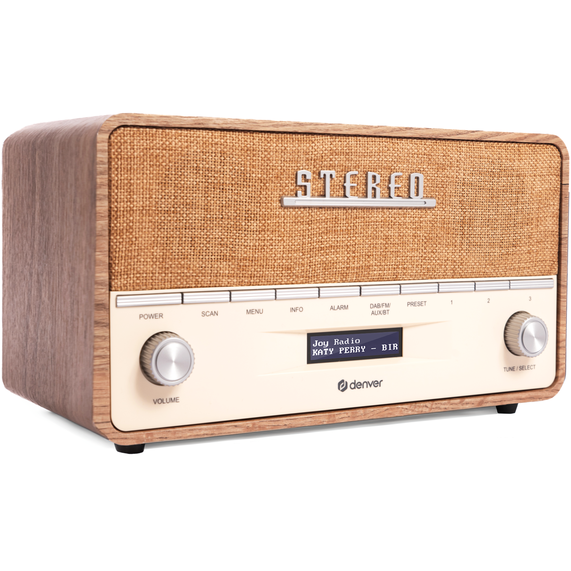 Radio w stylu retro z brązowym drewnem, beżowym przodem i cyfrowym wyświetlaczem pokazującym piosenkę i stację.