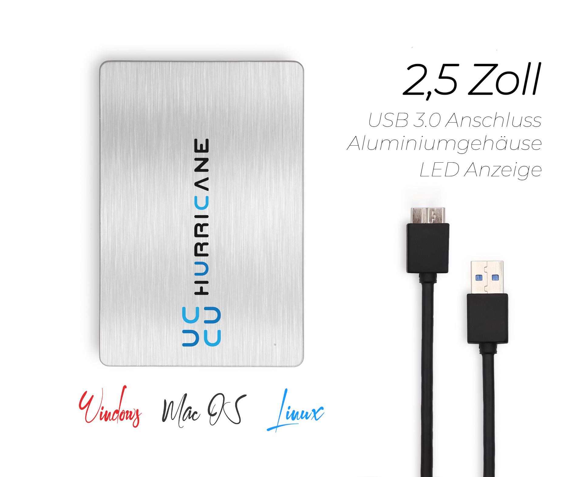 Silberne externe Festplatte mit USB-Kabeln. Text: 2,5 Zoll, USB 3.0, LED-Anzeige.