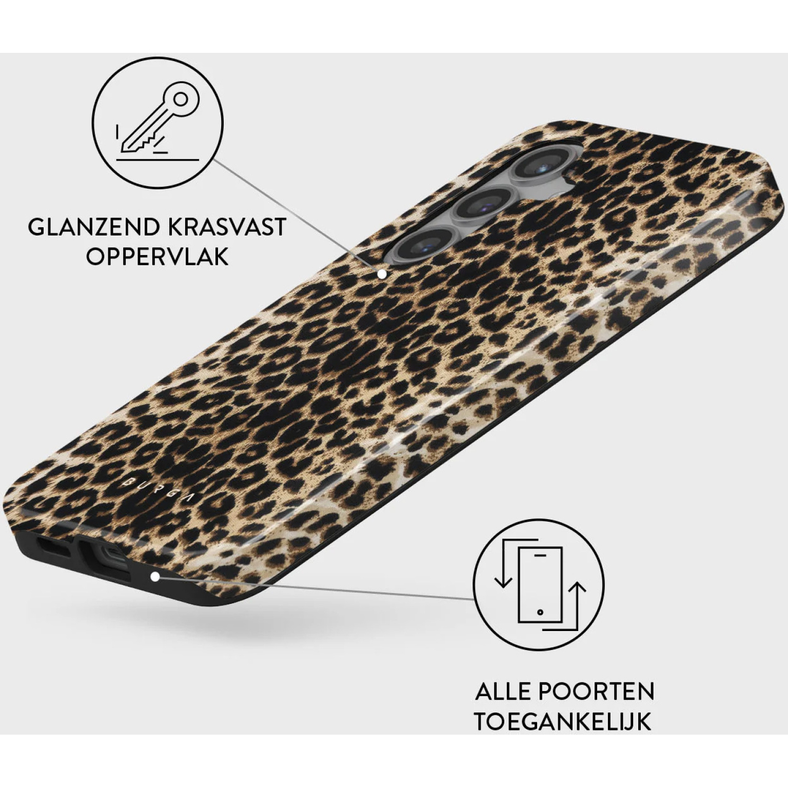 Een telefoonhoesje met een luipaardprint ontwerp, met de poorten.