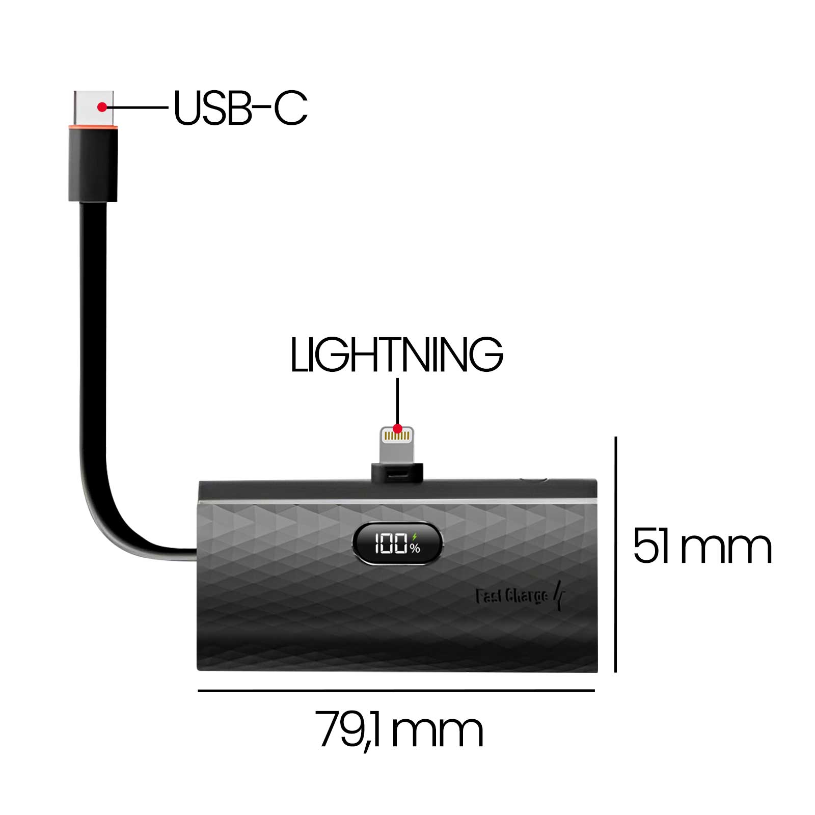 Banco de energía negro con cables USB-C y Lightning, dimensiones mostradas.