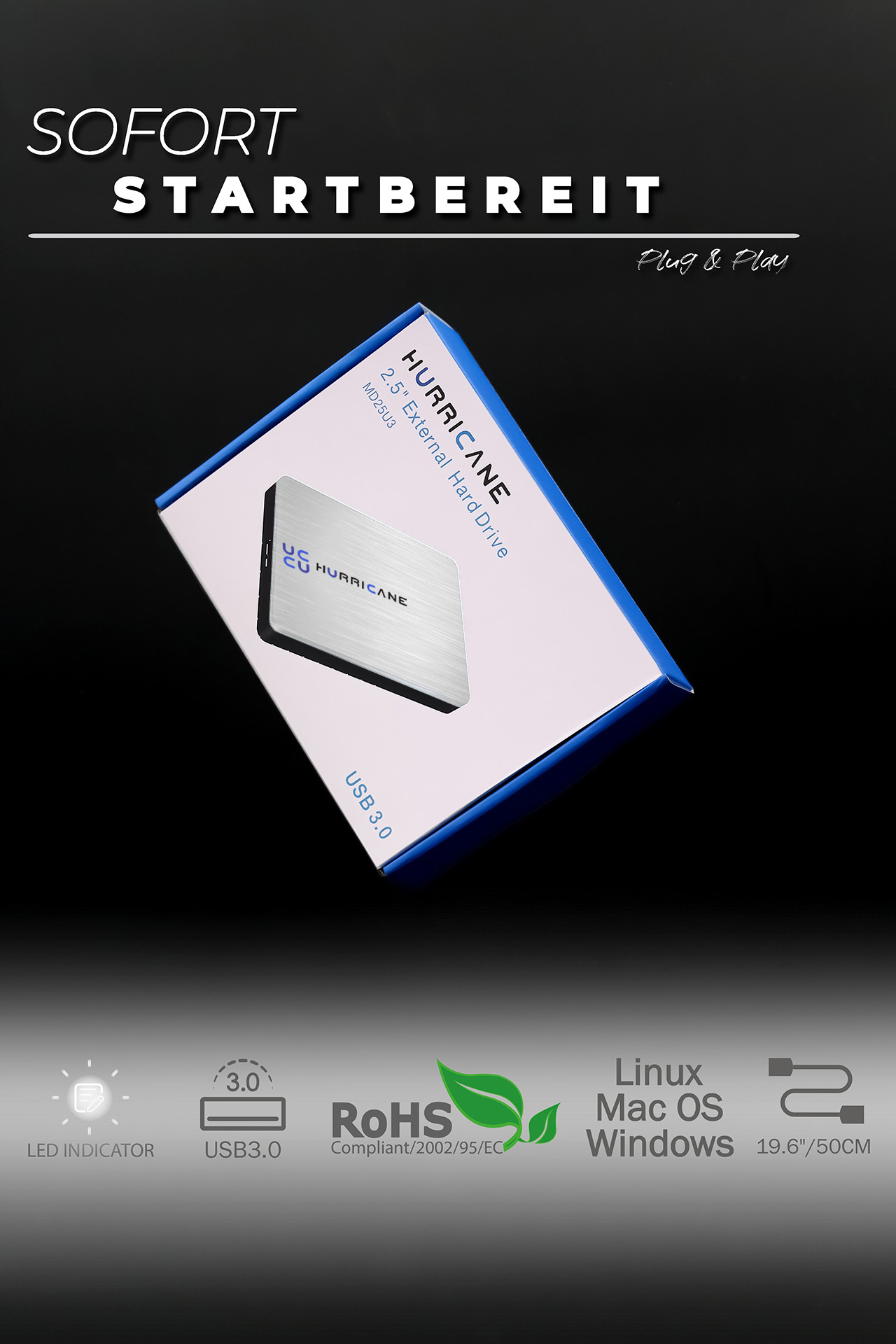 Eine Box für eine 2,5 externe Festplatte, mit Text und Symbolen für USB 3.0 und andere Funktionen, auf dunklem Hintergrund.
