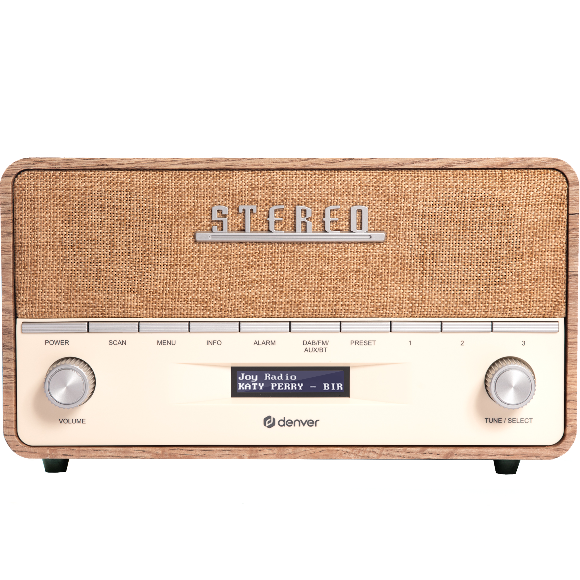 Radio w stylu retro z obudową o wyglądzie drewna, kremowym przodem i wyświetlaczem cyfrowym.