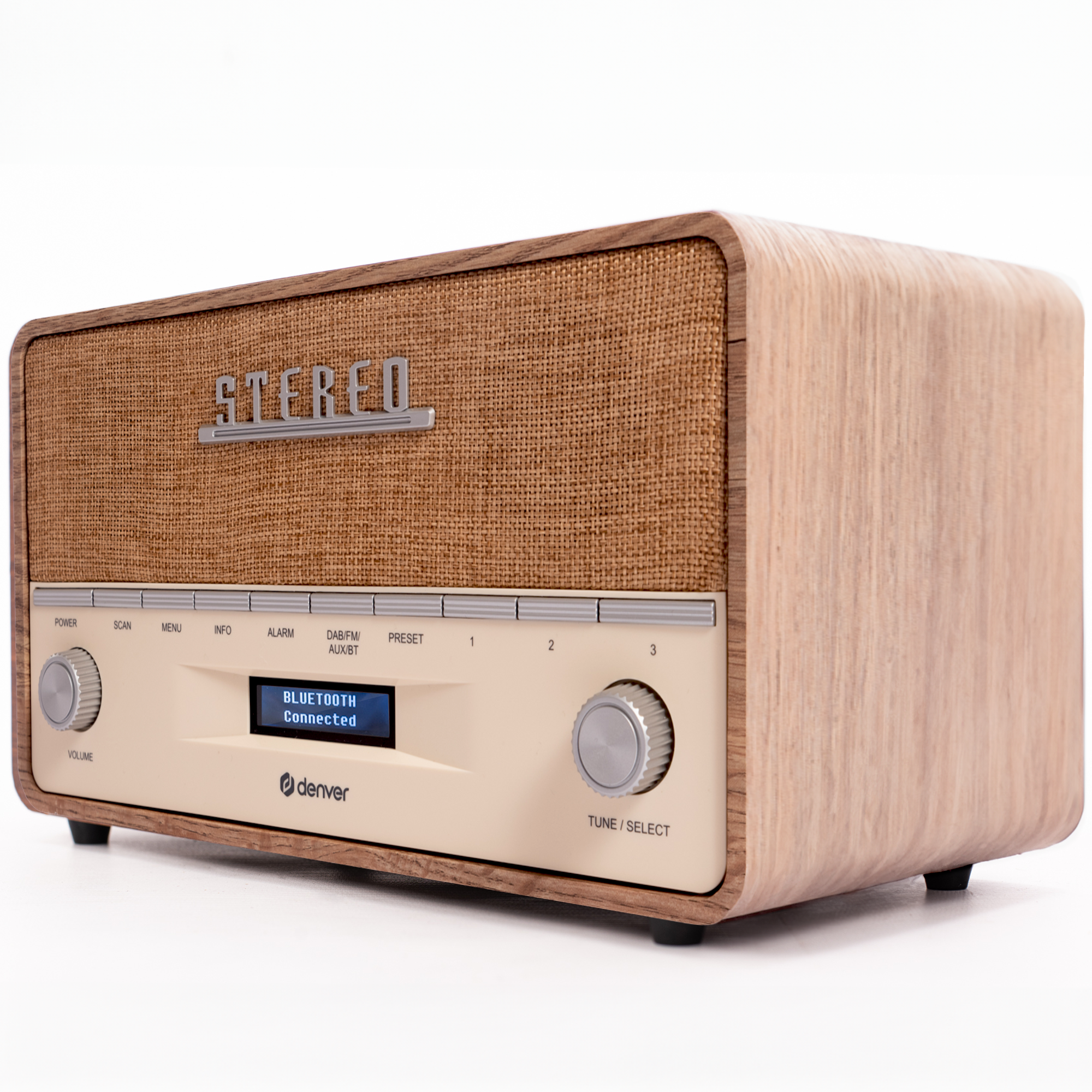 Radio w stylu retro z drewnianym wykończeniem, materiałową osłoną głośnika i wyświetlaczem cyfrowym z napisem 'Bluetooth Connected'.