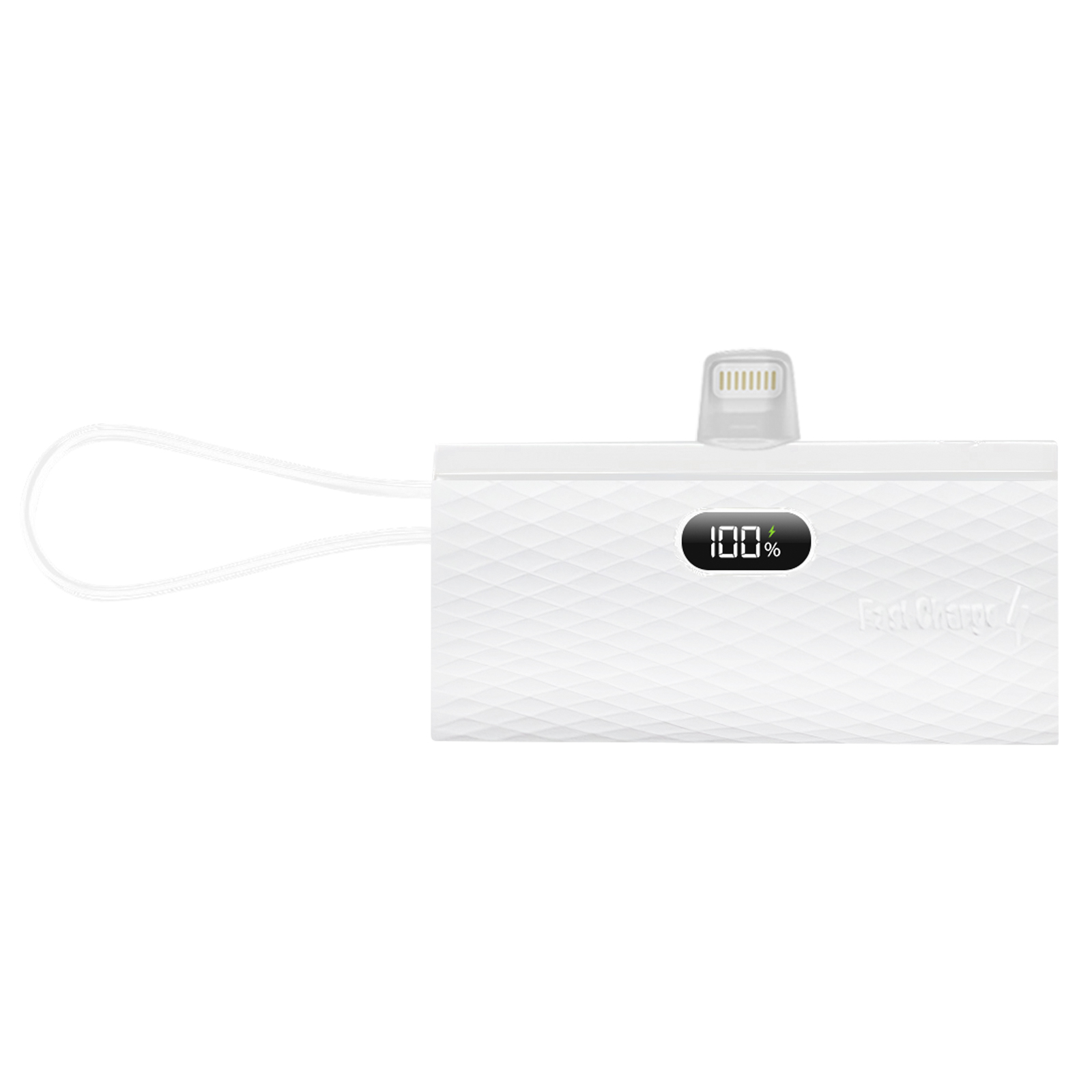 Eine weiße Powerbank mit 100% auf dem Bildschirm und einem weißen Riemen.