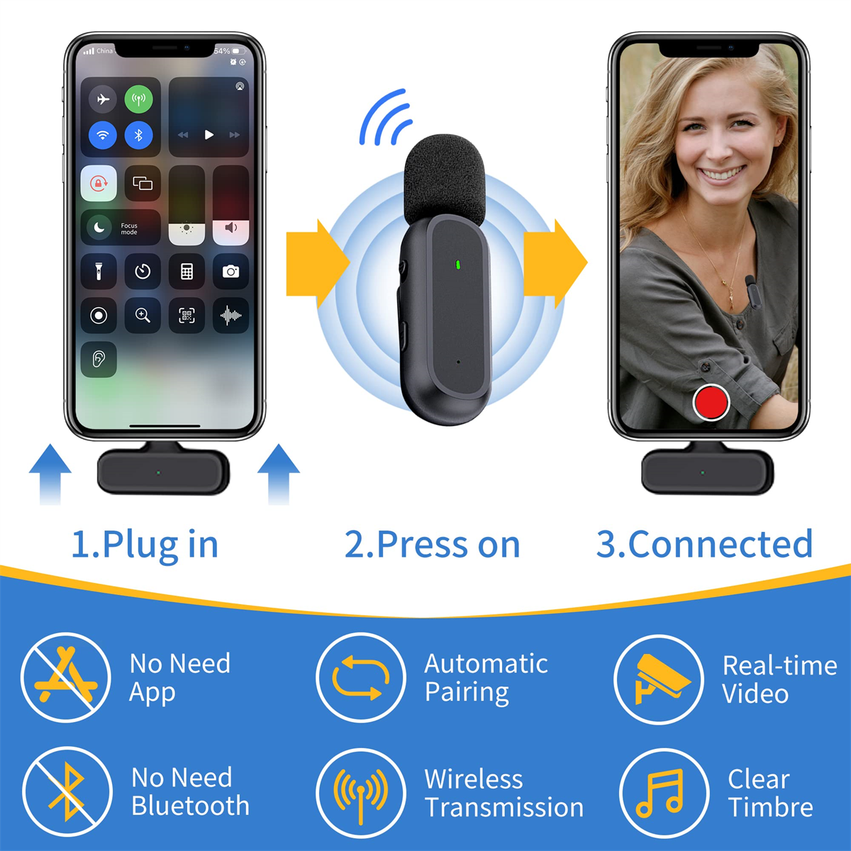 Ein drahtloses Mikrofon-Setup, das ein Telefon, ein Mikrofon und Verbindungsschritte zeigt.