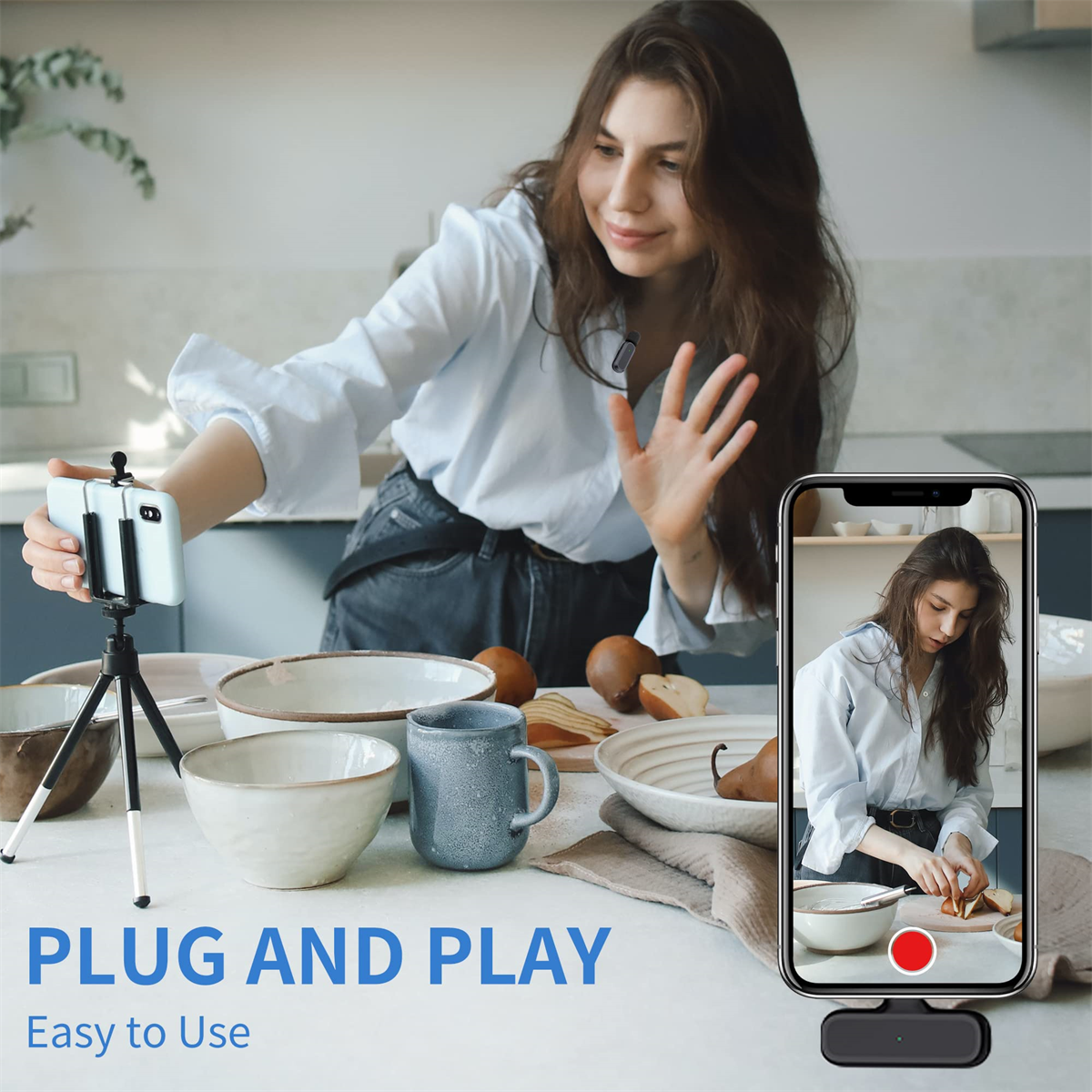 Eine Frau filmt sich selbst beim Kochen auf einer Küchentheke mit einem Smartphone und einem Stativ.
