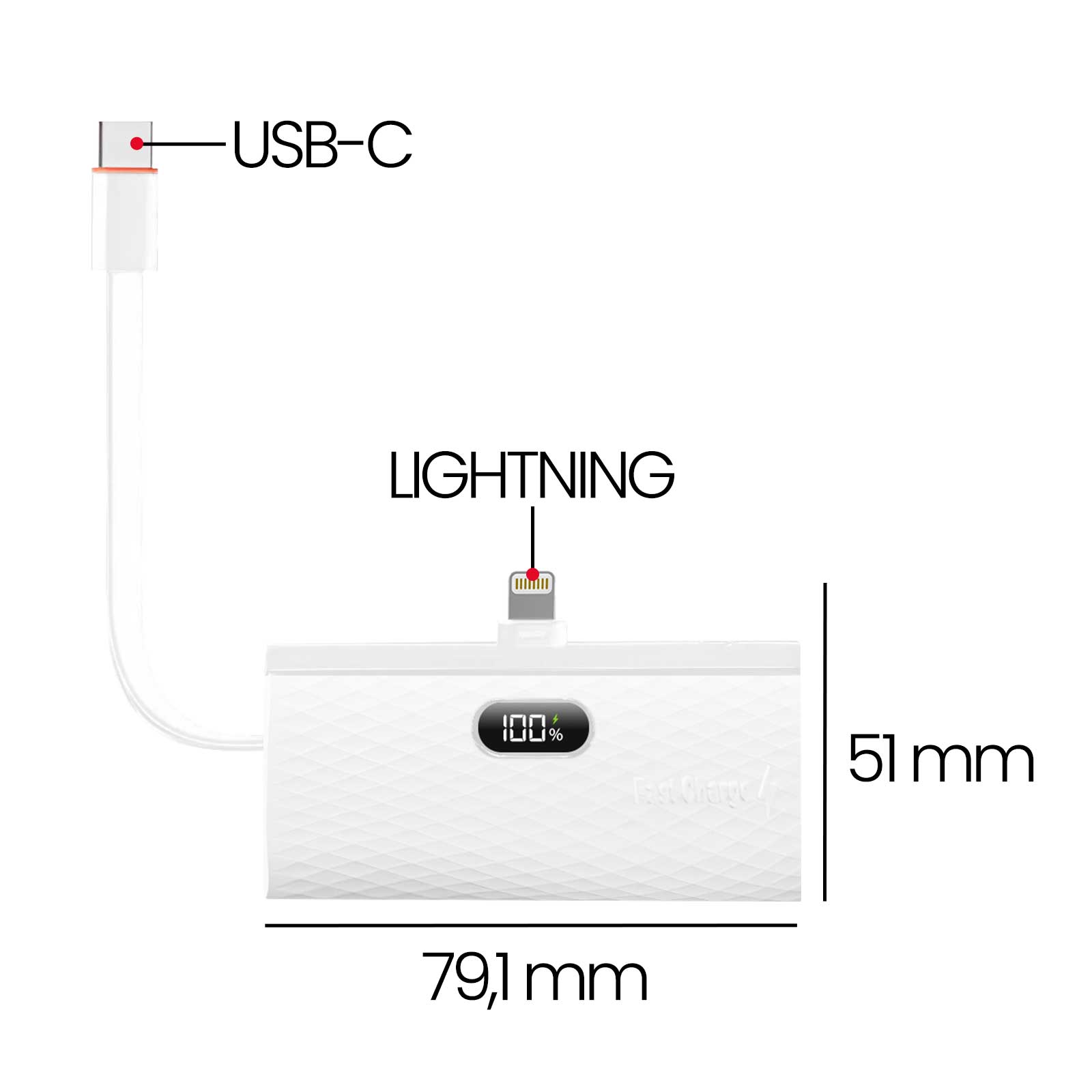 Weiße Powerbank mit Lightning- und USB-C-Anschlüssen, 100% Ladung, auf Weiß.