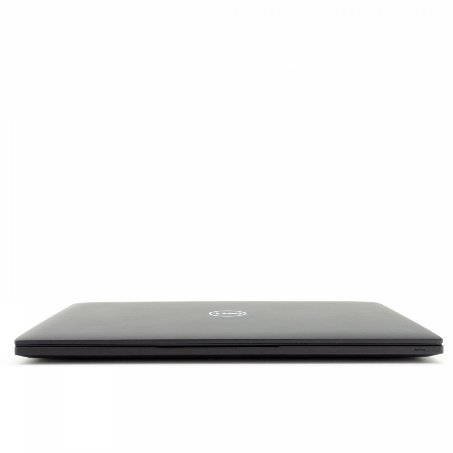 Ein geschlossener schwarzer Laptop auf weißem Hintergrund. Das Dell-Logo ist auf dem Deckel sichtbar.