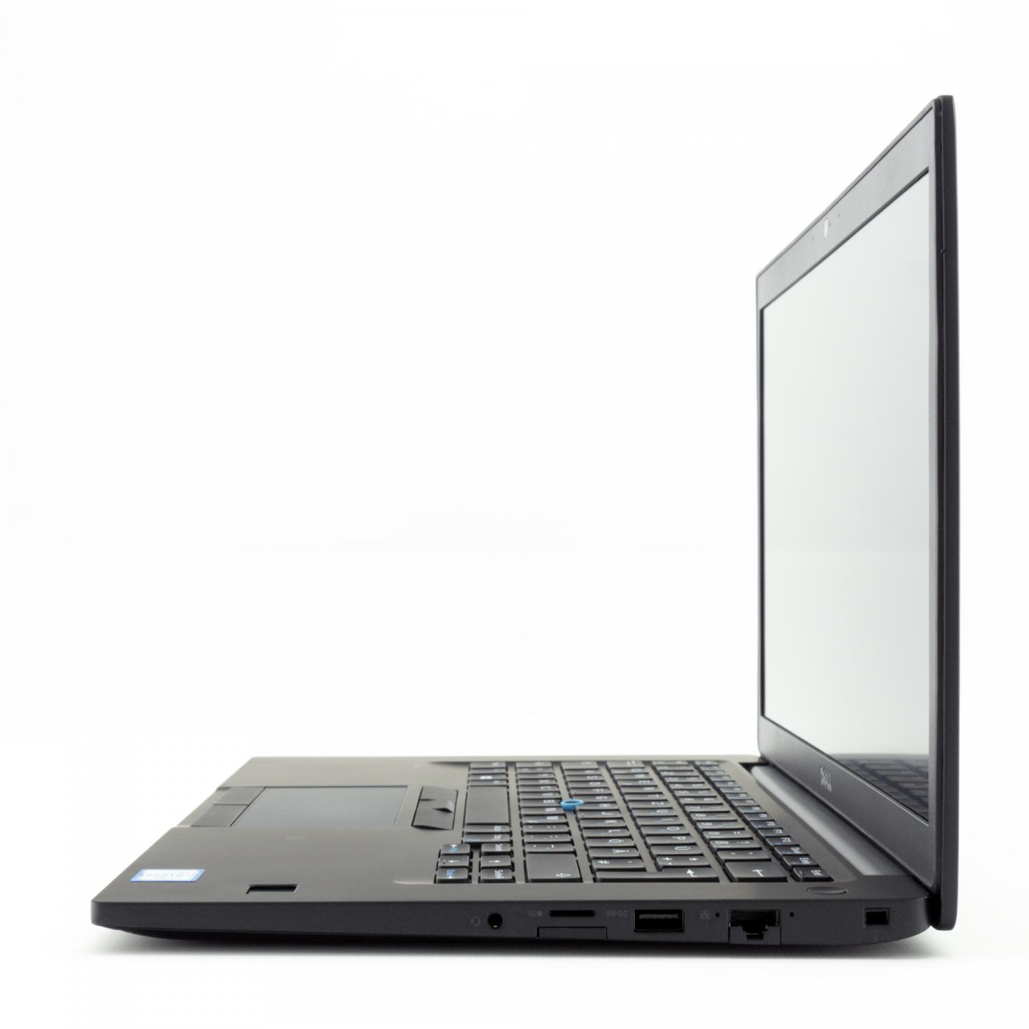 Seitenansicht eines schwarzen Laptops auf weißem Hintergrund, mit Tastatur und Bildschirm.