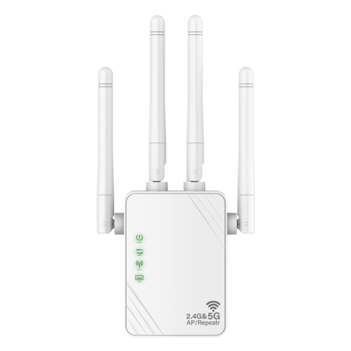 Weißer WLAN-Router mit vier Antennen. Er ist mit 2.4G&5G AP/Repeater beschriftet.