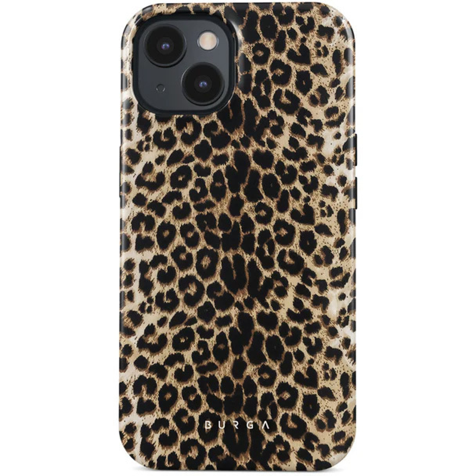 Telefoonhoesje met luipaardprint op een witte achtergrond. De hoes bedekt de achterkant en zijkanten.