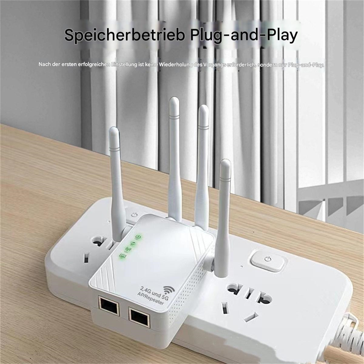 Weißer WLAN-Extender mit Antennen, der in eine Steckdosenleiste gesteckt ist. Text: "2.4G und 5G AP/Repeater".