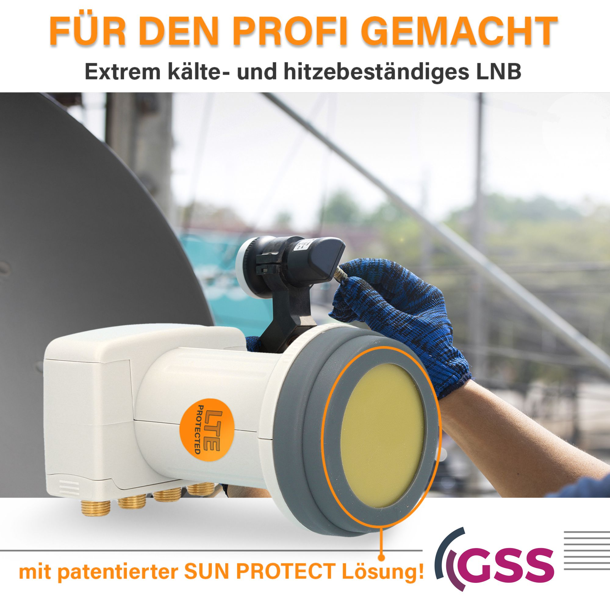 Nahaufnahme eines LNBs, mit einer blau behandschuhten Hand und einer Satellitenschüssel im Hintergrund.