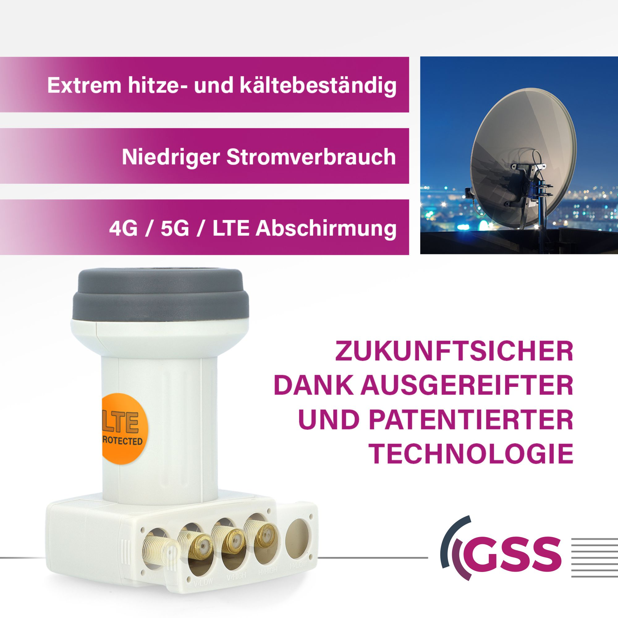 Produktwerbung, die ein weißes Gerät mit einem Satellitenschüsselbild zeigt.