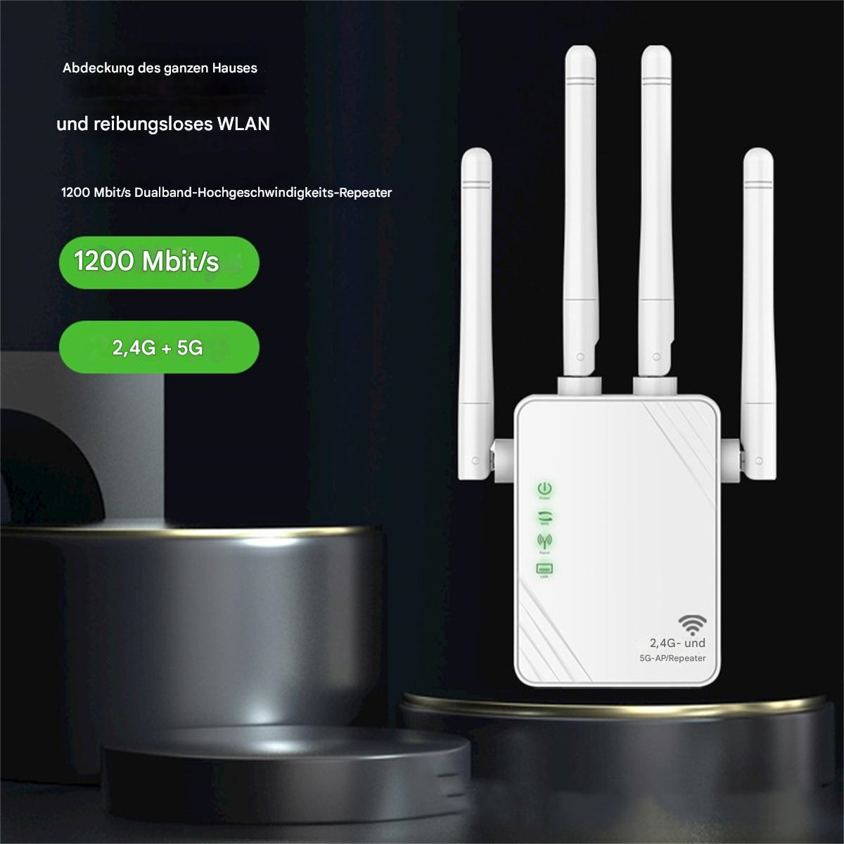 Weißer WLAN-Repeater mit Antennen, mit Text für 1200 Mbits, vor dunklem Hintergrund.