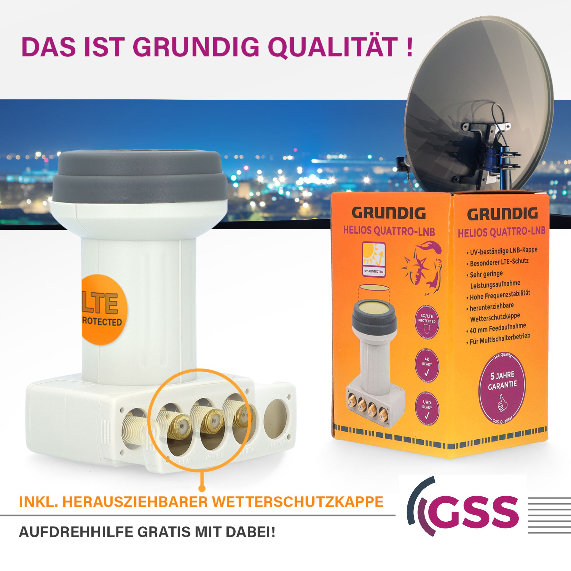 Grundig Satelliten-LNB und Box, mit Text und Bildern, auf dunklem Hintergrund.