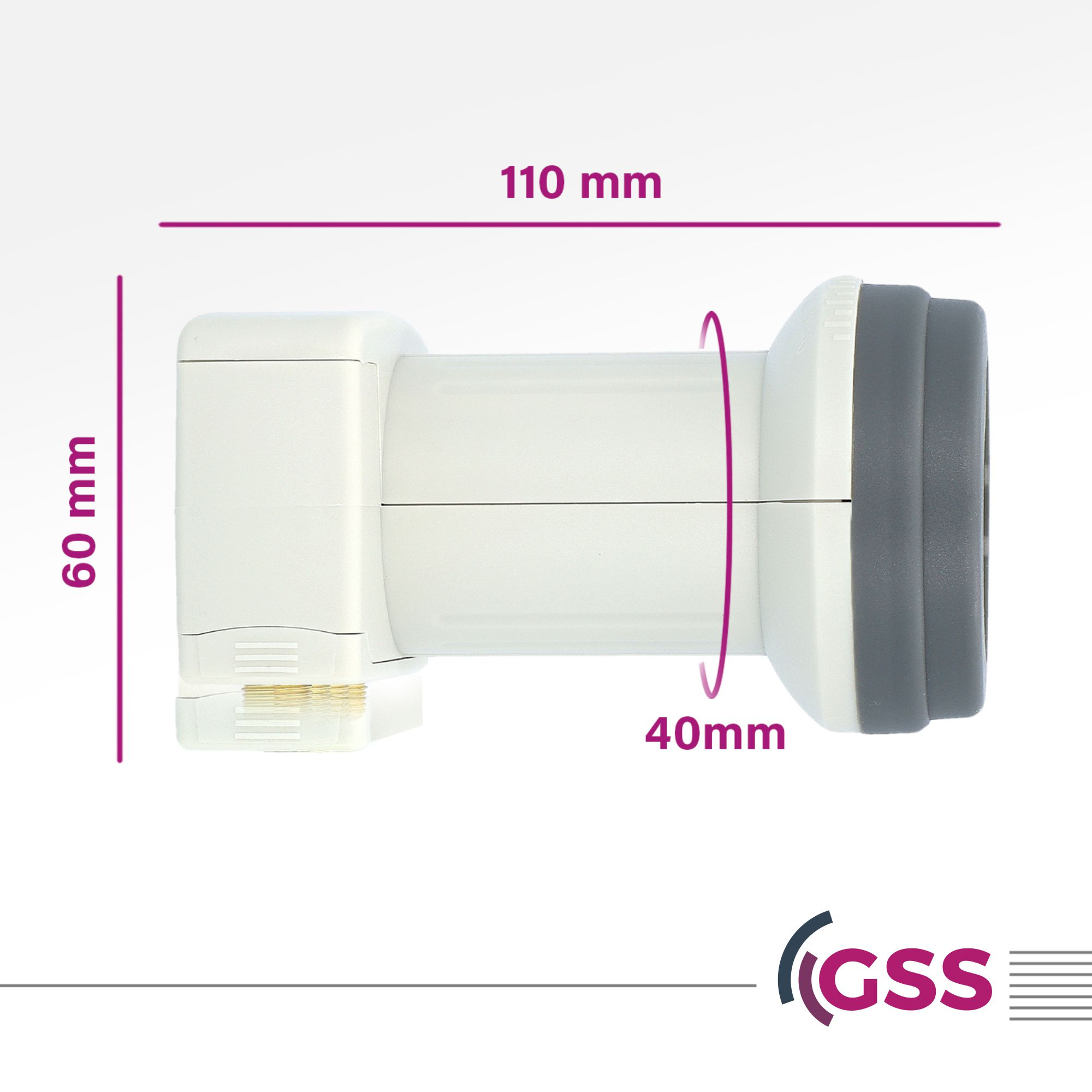 Weiß-grauer Satellitenempfänger mit Abmessungen. 110 mm Breite, 60 mm Höhe und 40 mm Durchmesser. GSS-Logo unten.