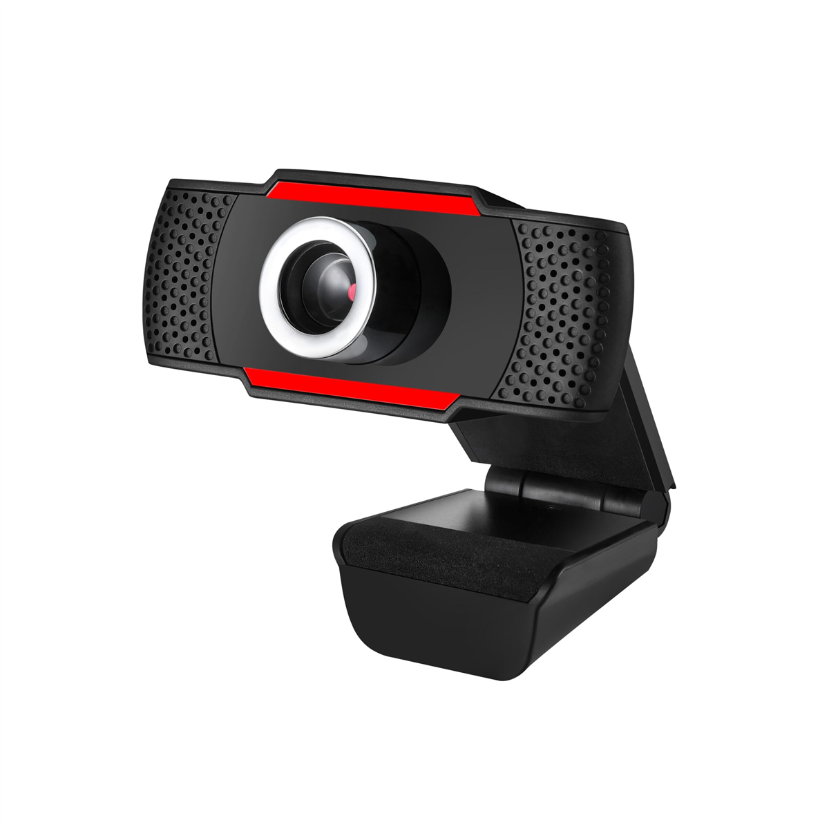 Schwarze Webcam mit roten Akzenten, Ringlicht und schwarzem Ständer. Weißer Hintergrund.
