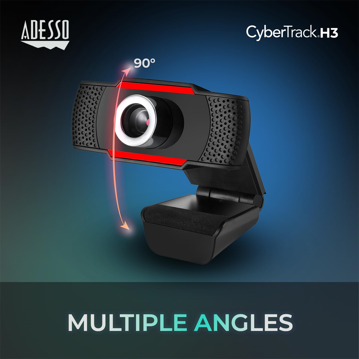 Schwarze Webcam mit roten Akzenten, beschriftet CyberTrack H3. Bietet mehrere Winkel. Der Pfeil zeigt eine 90-Grad-Drehung an.