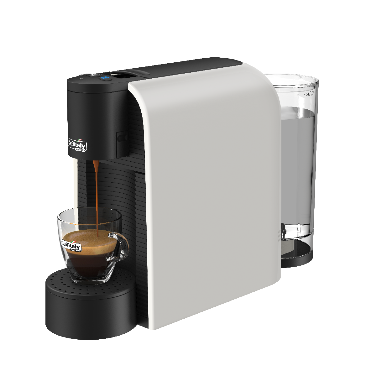 Wit en zwart espressomachine die koffie in een glazen kopje schenkt.
