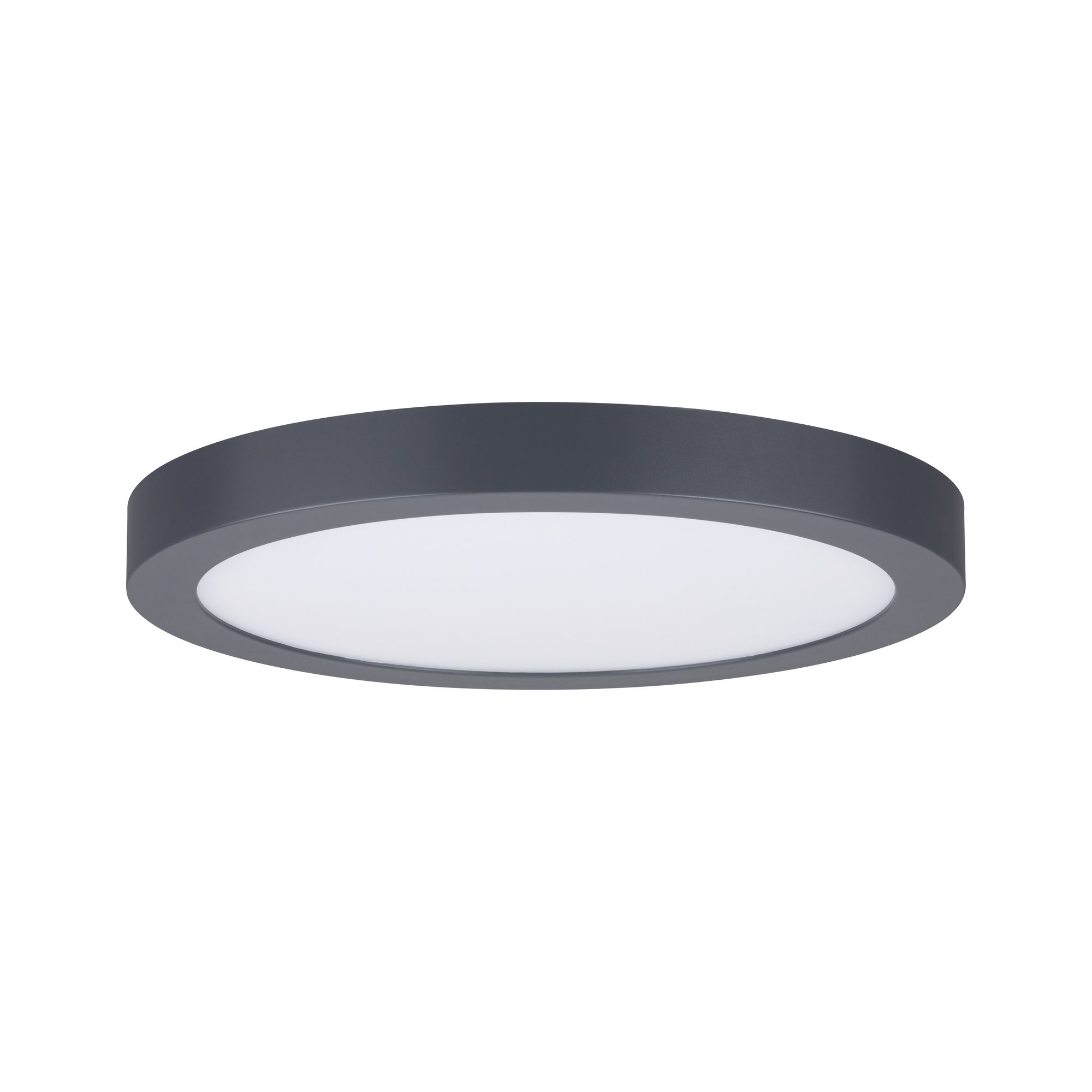 Una plafoniera a LED a filo, circolare, grigia, su sfondo bianco.