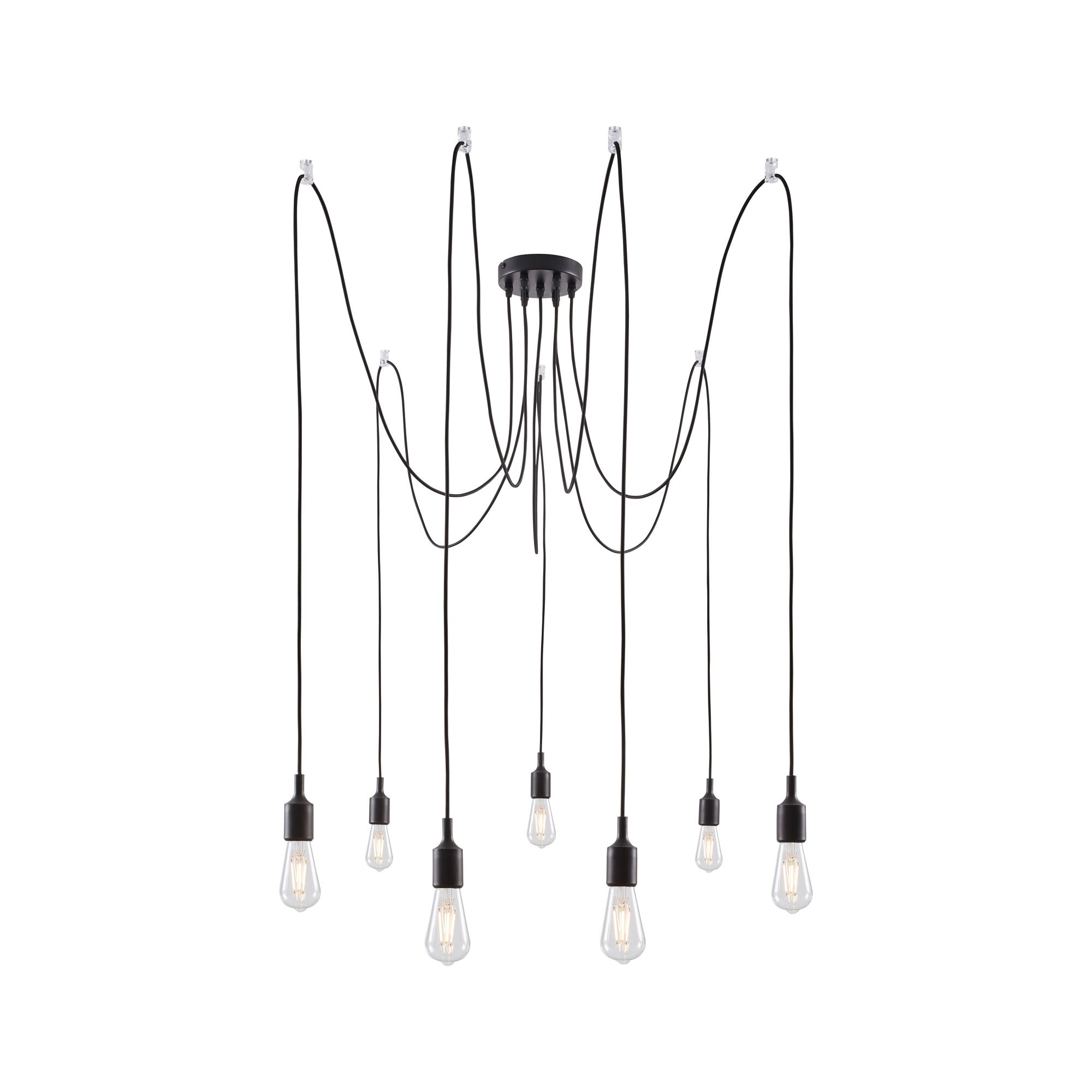 Lustre noir avec 7 ampoules. Câbles noirs du plafond.