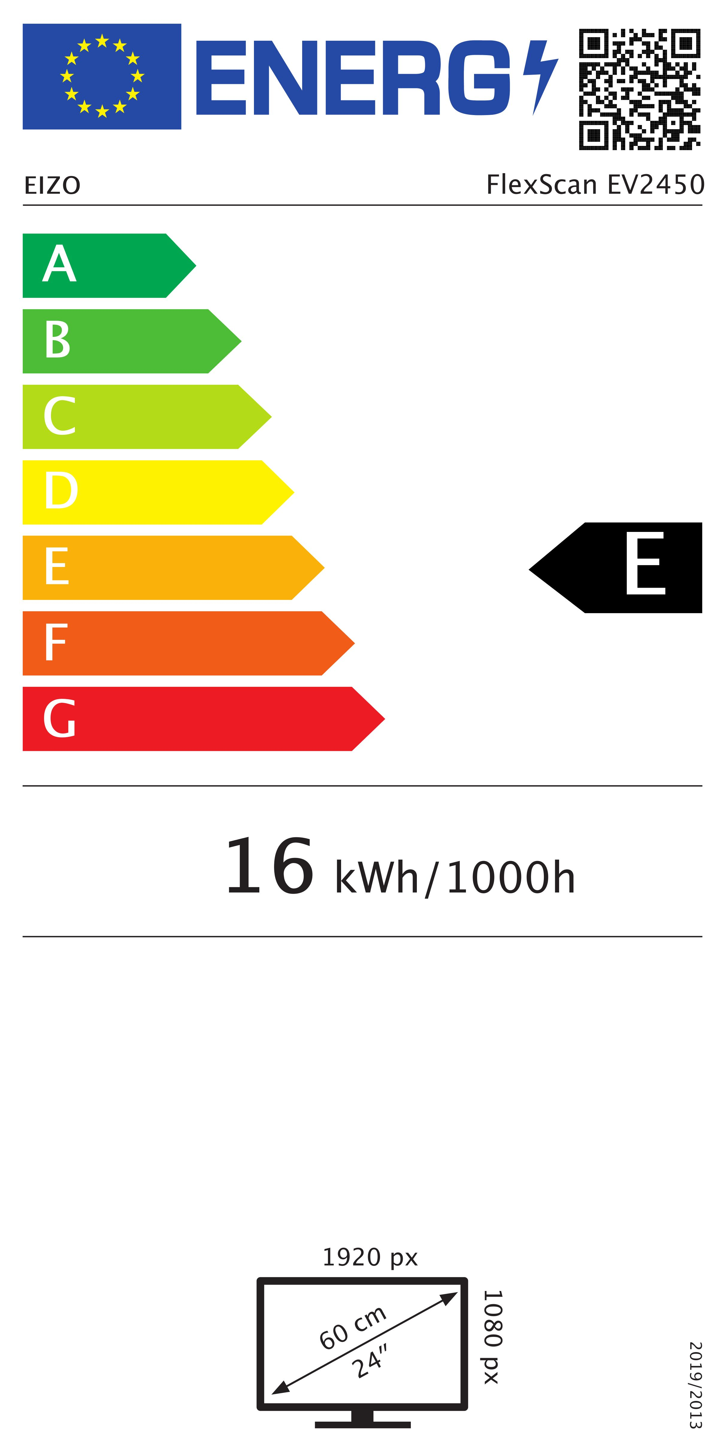 Un'etichetta energetica con il marchio EIZO, che indica una classificazione di efficienza energetica E.