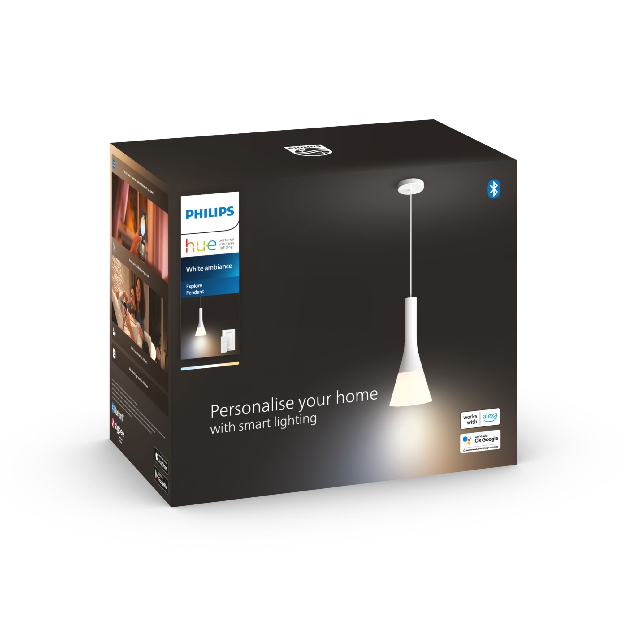 Pudełko z produktem oświetleniowym Philips Hue. Pokazuje lampę wiszącą i informacje o produkcie.