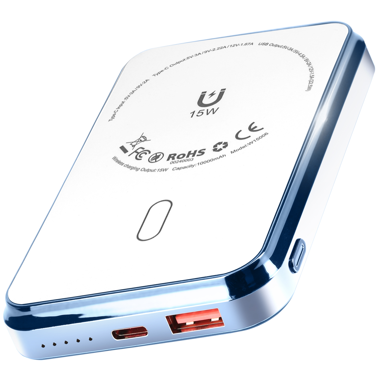 Chargeur sans fil blanc et bleu, avec sortie 15W et port USB-C.