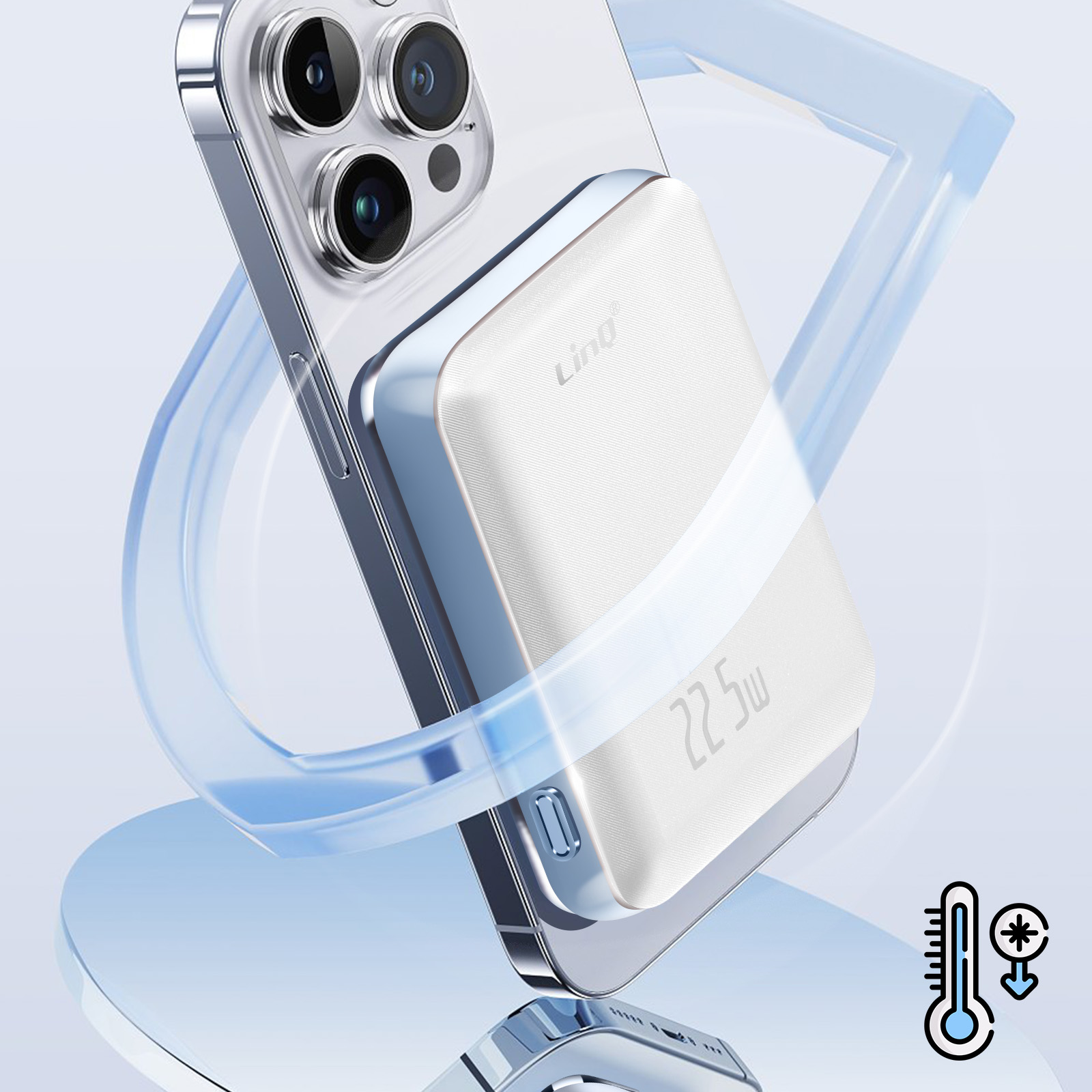 Une batterie externe blanche fixée à un téléphone argenté, avec des graphiques d'effet de refroidissement bleus.