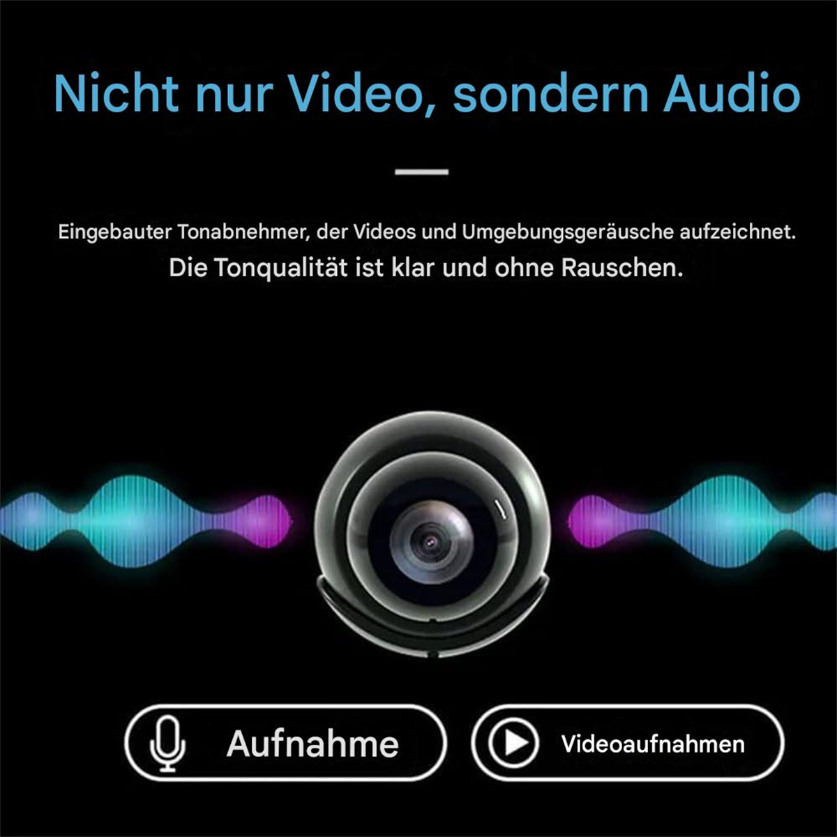 Ein Kameraobjektiv mit Mikrofon und einer Wellenformgrafik.