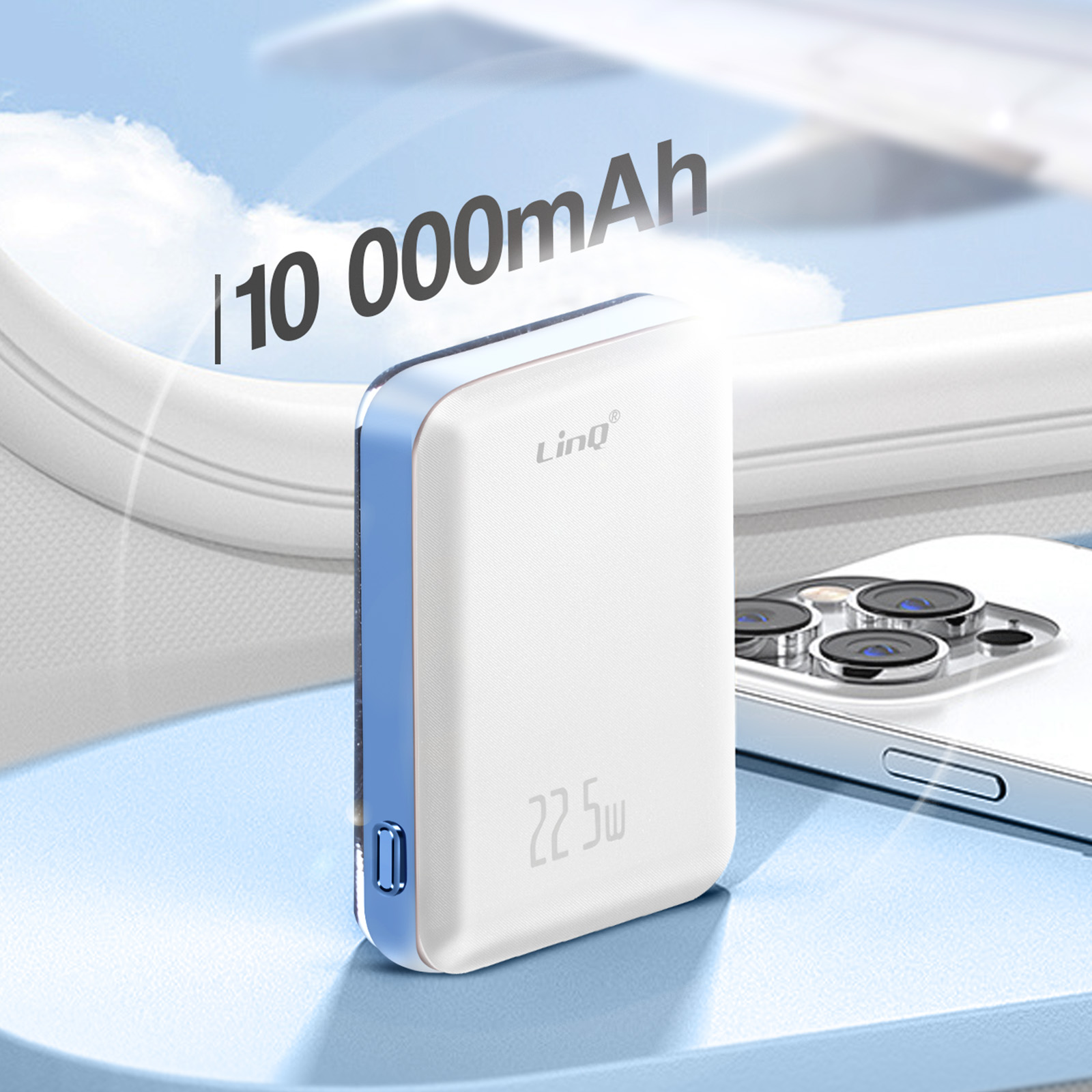 Batterie externe blanche et bleue avec les textes '10 000mAh' et '22.5W'.