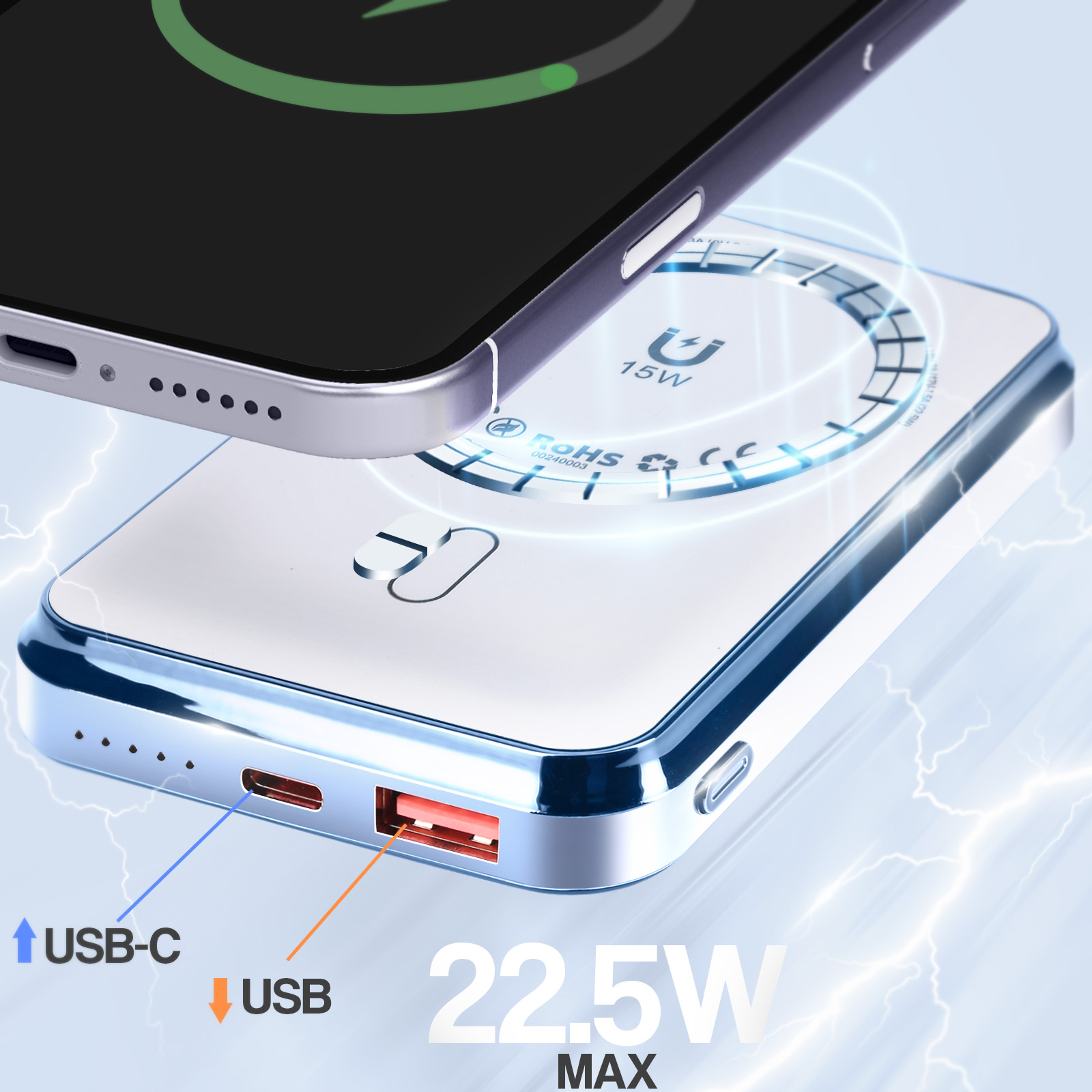 Un téléphone se recharge sans fil sur une batterie externe blanche.