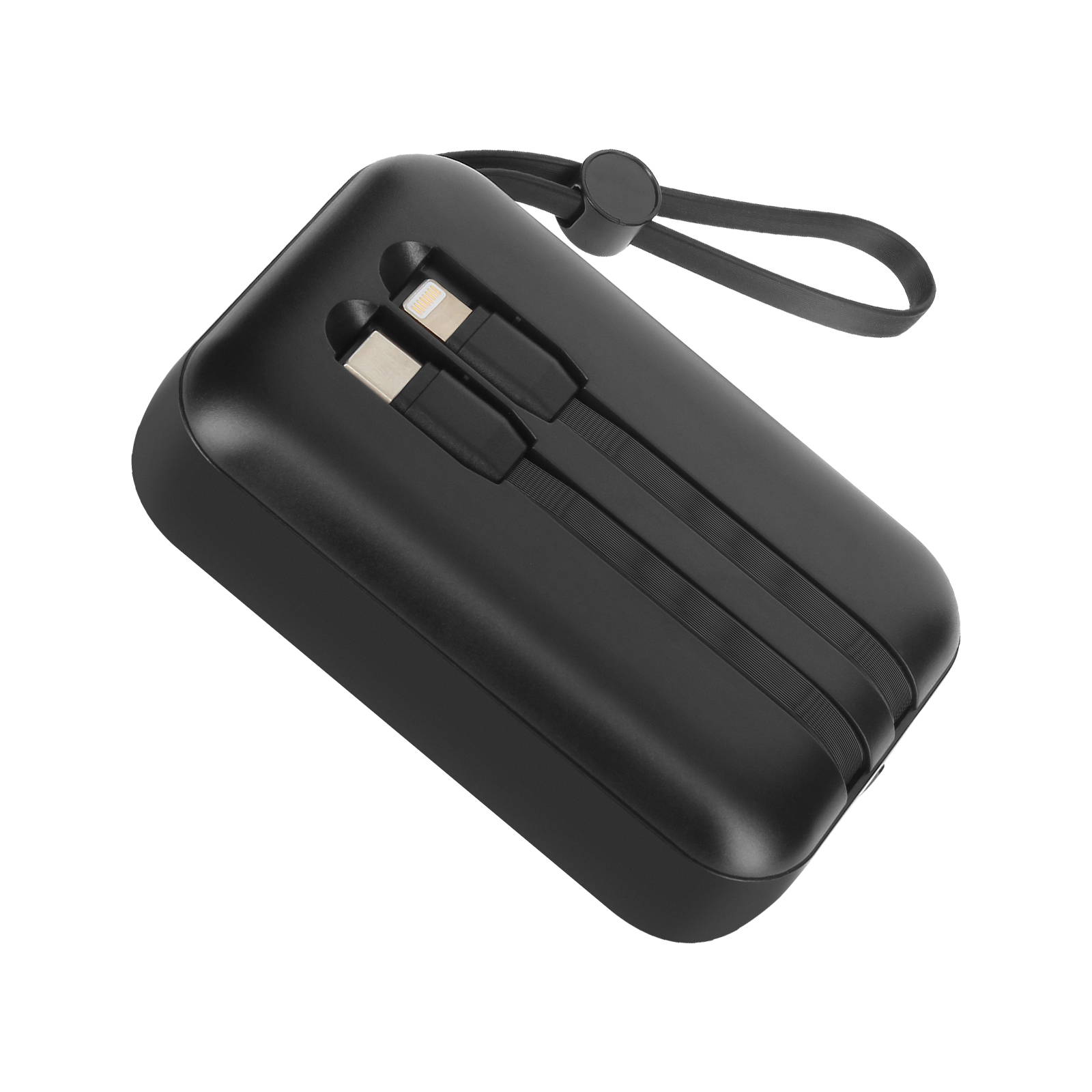 Un chargeur portable noir avec deux câbles de chargement attachés.