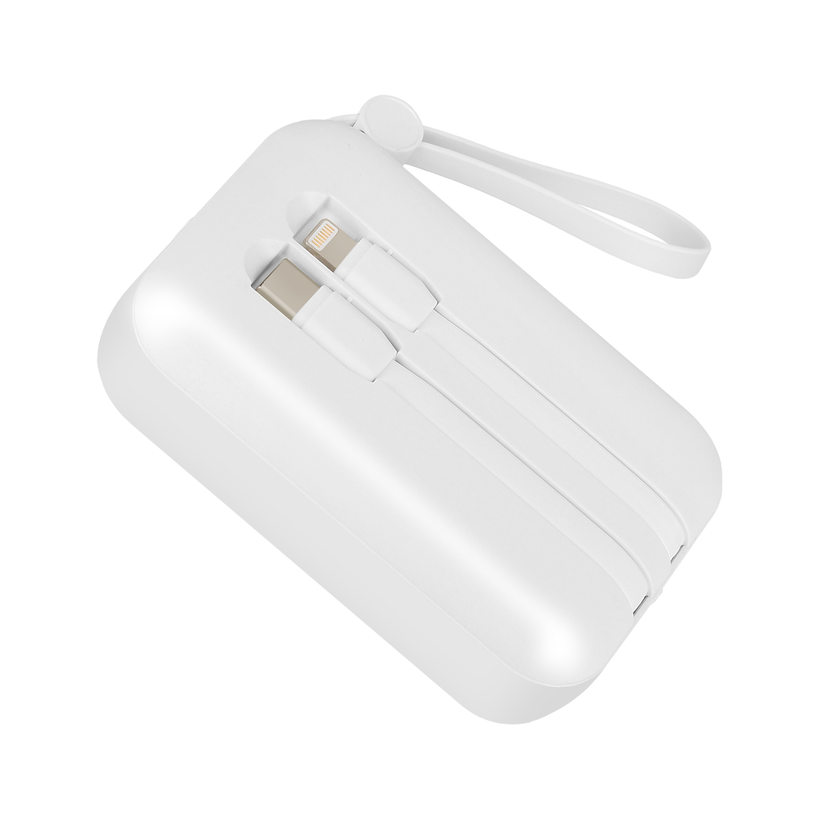 Un chargeur portable blanc avec un cordon et un connecteur pour charger des appareils.