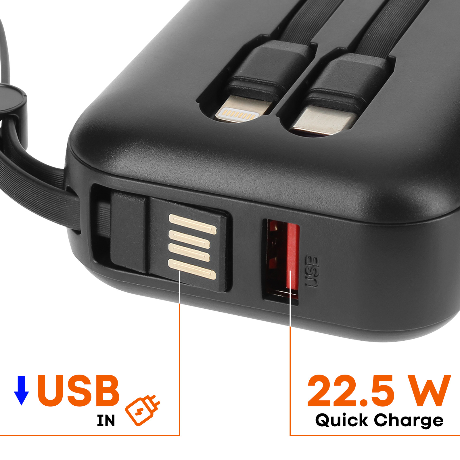 Batterie externe noire avec plusieurs ports USB et une étiquette de charge rapide de 22,5W à l'avant.