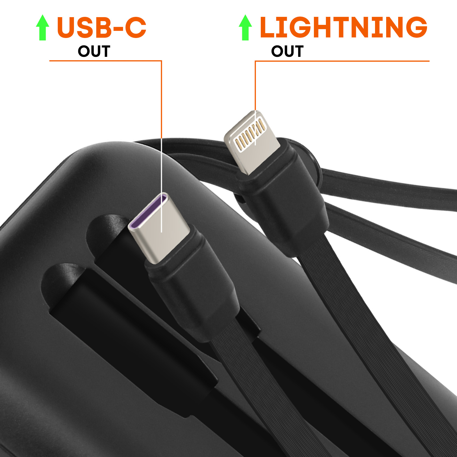 Un étui de chargement noir pour téléphone avec sorties de câble USB-C et Lightning pour charger des appareils.