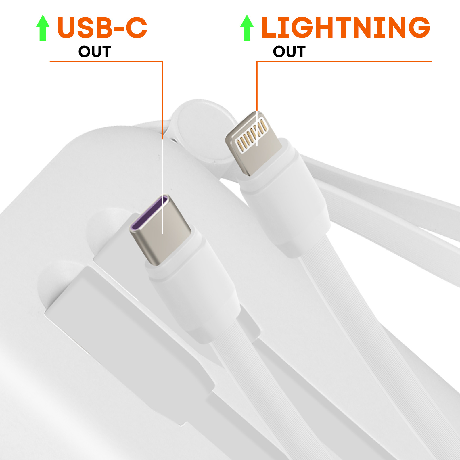 Gros plan d'un appareil de chargement avec des ports USB-C et Lightning.