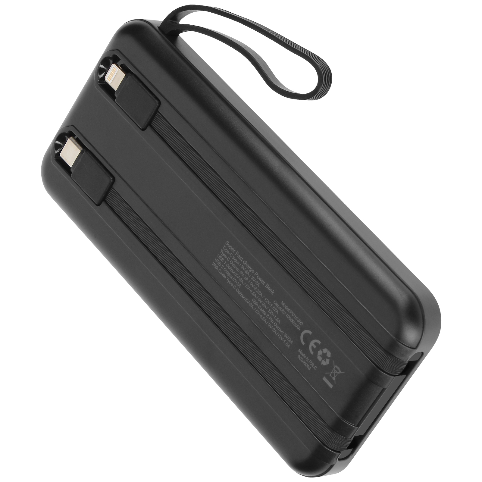 Une batterie externe noire avec deux connecteurs Lightning et une sangle. Elle présente des spécifications de charge.